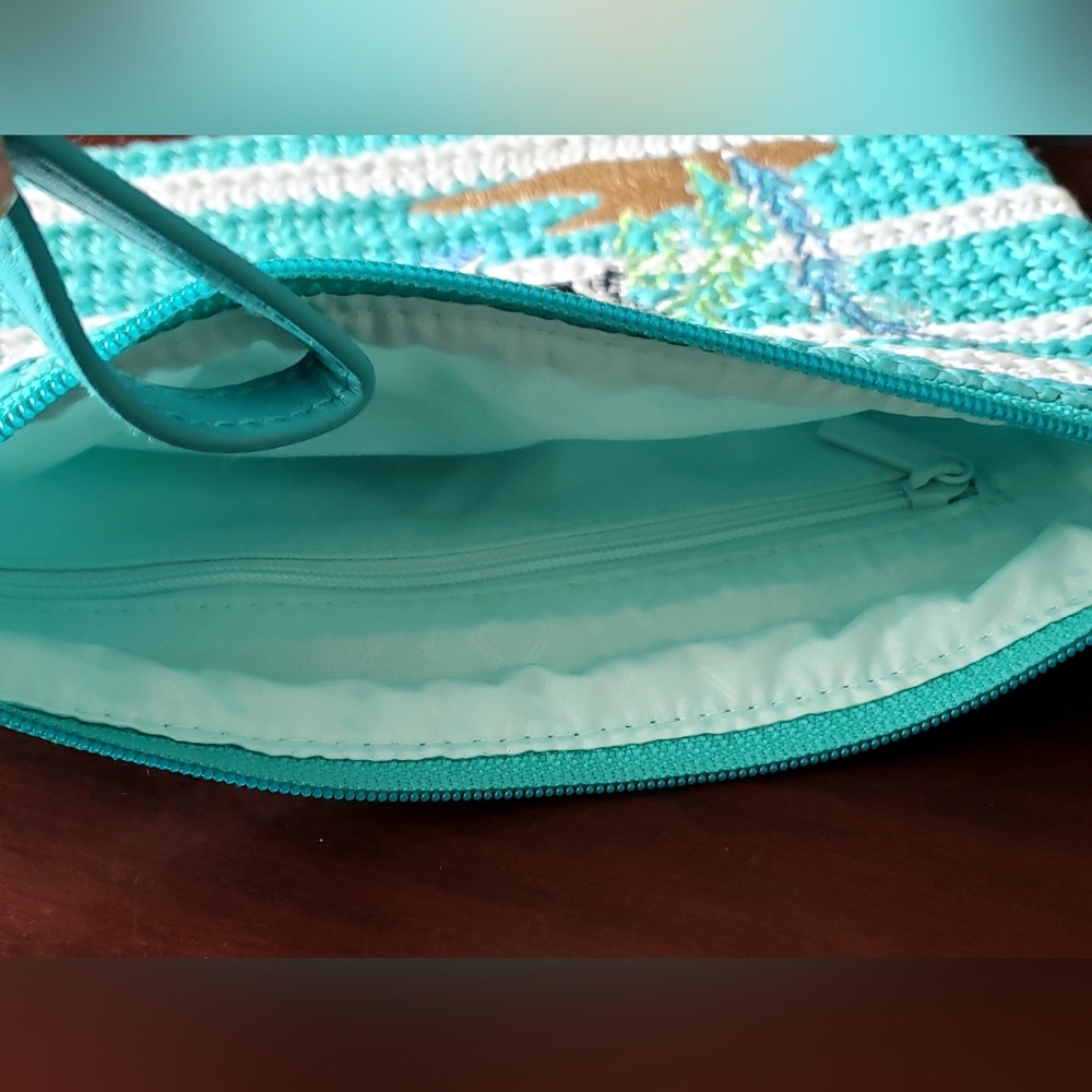 Vera Bradley Turquoise and White Striped Clutch with Fish Design - Picture 3 of 5